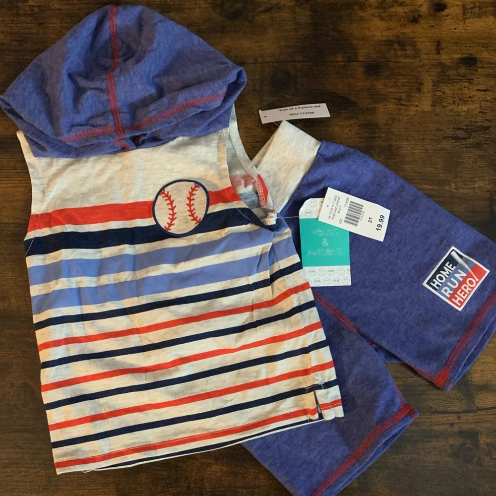 4/$60 sale — NEW Toddler boy Baseball theme hooded tank & short set 2T